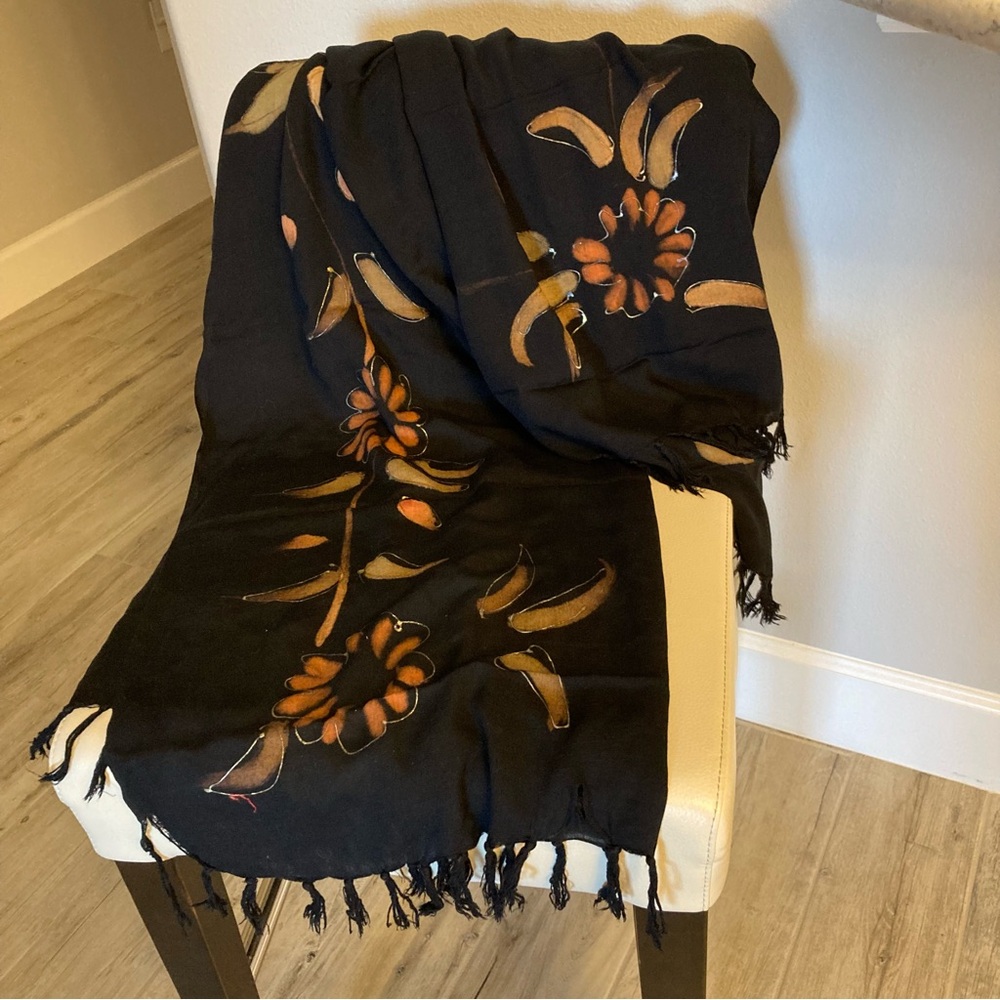 Bali One Black Scarf Wrap Sarong w/Hand-Painted Gold and Floral Accents w Fringe